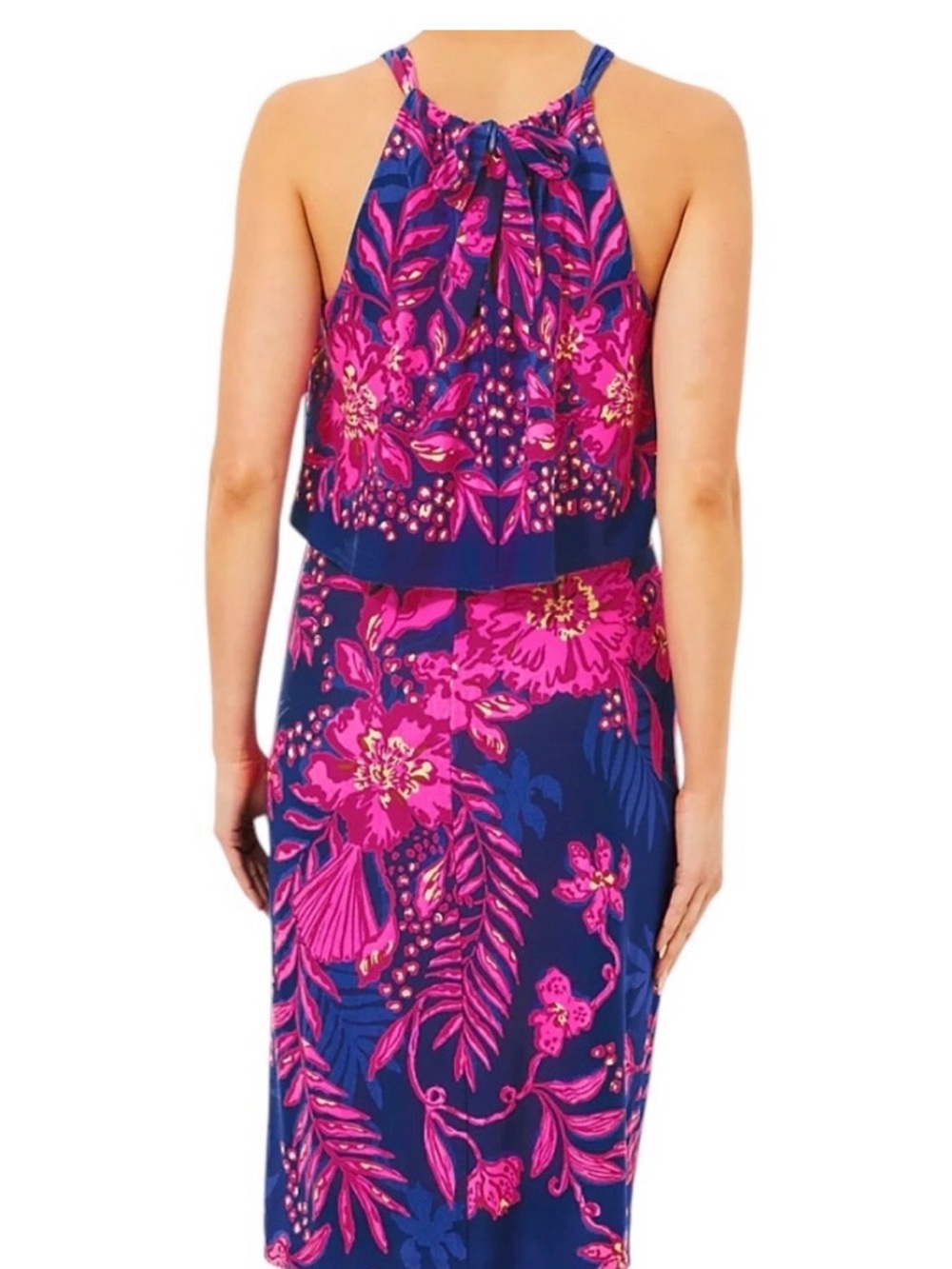 Lilly Pulitzer Navy and Hot Pink Tropical Print dress. Stella Mae halter dress - Picture 6 of 7